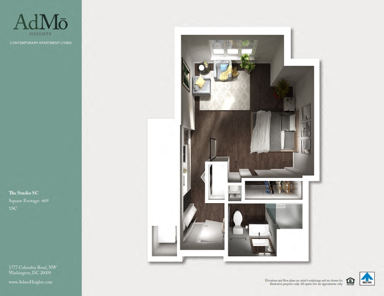 Floor plan for studio, 1 bath, 469 sqft